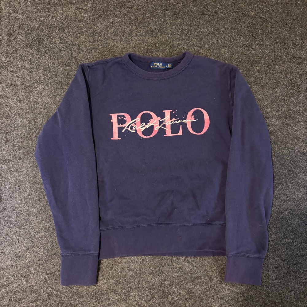Polo Ralph Lauren Womens Navy Blue Pink Script Logo Crewneck Sweatshirt S